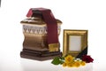 Wooden ballot box with blank mourning frame and flower
