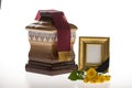 Wooden ballot box with blank mourning frame and flower