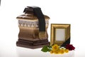 Wooden ballot box with blank mourning frame and flower