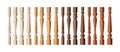 Wooden baluster columns set, realistic balustrade pillars in different shade of brown