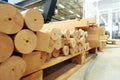 Wooden baluster stacked on the floor in woodwork workshop