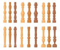 Wooden balusters. Cartoon wood balustrade with handrail, wood pillars railing fence column rail banister for balcony