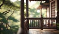 Wooden balustrade in chinese garden. Selective focus