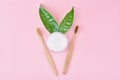 Wooden bamboo toothbrushes with baking soda powder in glass jar and green leaves on a pink background.  Teeth health and keep Royalty Free Stock Photo