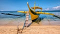 A wooden banca anchored on the beach of a tropical island in the Philippines. Royalty Free Stock Photo