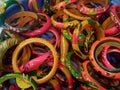 Wooden bangles in tray,Colourful wooden decorative jewellery.