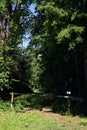 Wooden bar at the entrance of a grassy and shady path in a forest on a sunny day