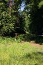 Wooden bar at the entrance of a grassy and shady path in a forest on a sunny day