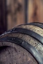 Wooden barel. Old wooden keg. Barel on beer vine whiskey brandy rum or cognac Royalty Free Stock Photo