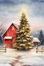 Wooden barn and Christmas tree covered with snow with Red Bombs winter landscape. Xmas tree as a symbol of Christmas of the birth Royalty Free Stock Photo