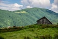 Wooden barn of dairy, cows and mountains