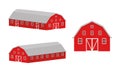 Wooden barn front view and isometric projection. Red farm warehouse building isolated on white background. Vector