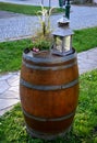 wooden barrel as a decoration at the entrance to the restaurant. Royalty Free Stock Photo