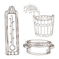 Wooden barrel, basin with water, thermometer for the bath. for body hygiene. Set of accessories for bath, sauna. Hand