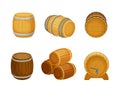 Wooden Barrel or Cask as Hollow Cylindrical Container Bound by Metal Hoop Vector Set Royalty Free Stock Photo