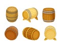 Wooden Barrel or Cask as Hollow Cylindrical Container Bound by Metal Hoop Vector Set Royalty Free Stock Photo