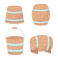 Wooden Barrel or Cask and Tub Made of Oak with Metal Hoop Vector Set Royalty Free Stock Photo