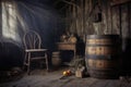 wooden barrel with cobwebs in a dusty attic