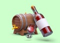 Wooden barrel, corked bottle, glass of red wine. Storage of alcoholic beverages Royalty Free Stock Photo