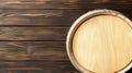 Wooden barrel on dark wood background, overhead view, empty space Royalty Free Stock Photo