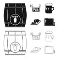 A wooden barrel with a faucet, a pub sign, a mug of beer, pieces of meat on a board.Pub set collection icons in black Royalty Free Stock Photo