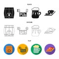 A wooden barrel with a faucet, a pub sign, a mug of beer, pieces of meat on a board.Pub set collection icons in black Royalty Free Stock Photo