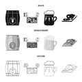 A wooden barrel with a faucet, a pub sign, a mug of beer, pieces of meat on a board.Pub set collection icons in black Royalty Free Stock Photo