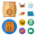 A wooden barrel with a faucet, a pub sign, a mug of beer, pieces of meat on a board.Pub set collection icons in cartoon Royalty Free Stock Photo