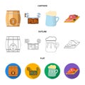 A wooden barrel with a faucet, a pub sign, a mug of beer, pieces of meat on a board.Pub set collection icons in cartoon Royalty Free Stock Photo