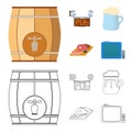 A wooden barrel with a faucet, a pub sign, a mug of beer, pieces of meat on a board.Pub set collection icons in cartoon Royalty Free Stock Photo