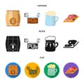 A wooden barrel with a faucet, a pub sign, a mug of beer, pieces of meat on a board.Pub set collection icons in cartoon Royalty Free Stock Photo