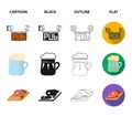 A wooden barrel with a faucet, a pub sign, a mug of beer, pieces of meat on a board.Pub set collection icons in cartoon Royalty Free Stock Photo