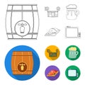 A wooden barrel with a faucet, a pub sign, a mug of beer, pieces of meat on a board.Pub set collection icons in outline Royalty Free Stock Photo