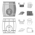 A wooden barrel with a faucet, a pub sign, a mug of beer, pieces of meat on a board.Pub set collection icons in outline Royalty Free Stock Photo