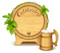 Wooden barrel and full wooden beer mug. Oktoberfest handwritten text