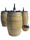 Wooden barrel with grapes and wine bottles isolated over white Royalty Free Stock Photo