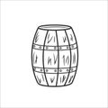 Wooden barrel. Hand drawn sketches gardening tools. Isolated elements equipment for agriculture in Doodle style.