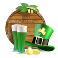 Wooden barrel, hops, green hat, green beer and golden coins Royalty Free Stock Photo