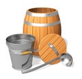 Wooden barrel and metal bucket