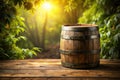 Wooden barrel resting on rustic table in sunlit forest setting. Generative AI Royalty Free Stock Photo