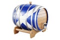 Wooden barrel with Scottish flag, 3D rendering