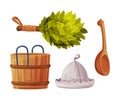 Wooden Barrel, Spoon and Oak Broom for Sauna as Finland Symbol and Attribute Vector Illustration