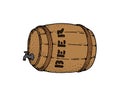 Wooden barrel with a tap, sketch style vector illustration isolated on white background. Side view of a classical wooden barrel Royalty Free Stock Photo
