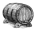 Wooden barrel with tap for wine, beer or whiskey. Hand drawn sketch vintage illustration Royalty Free Stock Photo