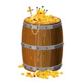 Wooden barrel with treasures, gold and precious stones, a crown, sword, coins, with metal stripes, for alcohol, wine