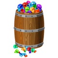 Wooden barrel with treasures, precious stones, diamonds, emeralds, jewelry, with metal stripes, for alcohol, wine, rum