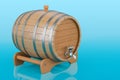 Wooden barrel with valve and stand on blue background, 3D rendering Royalty Free Stock Photo