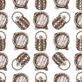 Wooden barrel vintage old hand drawn sketch storage seamless pattern fermenting distillery cargo drum lager vector