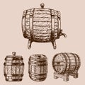 Wooden barrel vintage old hand drawn sketch storage container liquid beverage fermenting distillery cargo drum lager