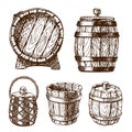 Wooden barrel vintage old hand drawn sketch storage container liquid beverage fermenting distillery cargo drum lager